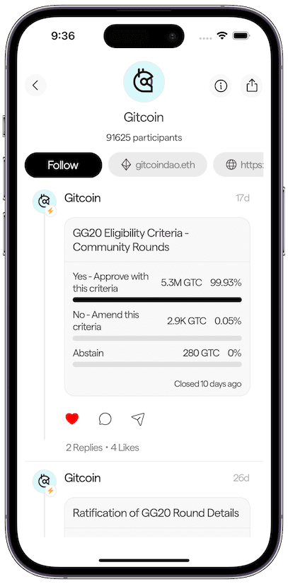 Lighthouse mobile app interface showing proposal voting
